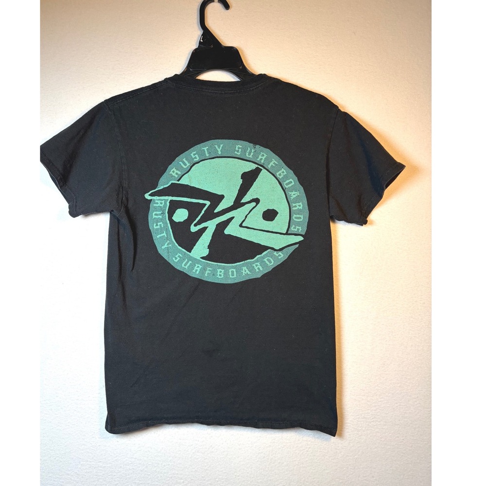 Rusty VTG Surfboards Graphic Tee Mens Small Black EUC Short Sleeve Cotton Logo